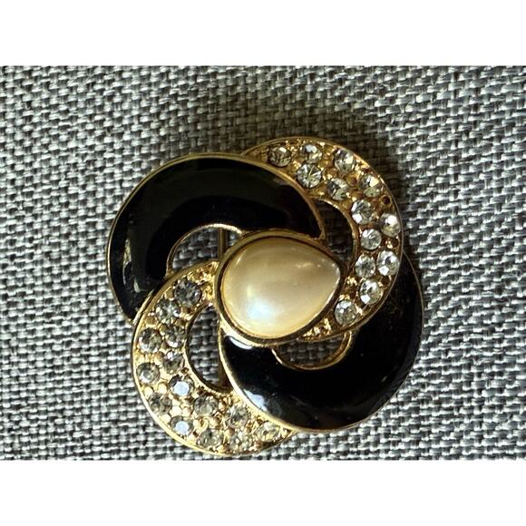 Vtg Monet Deco Brooch Enamel Rhinestone Black Enamel Gold Tone Swirl Abstract - Picture 1 of 4
